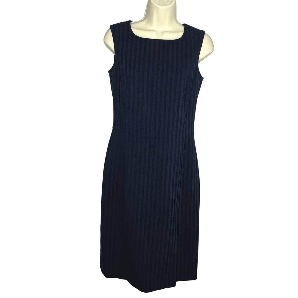 RENA LANGE Vintage Navy Pinstripe Shift Dress Wool Front SideSlit Sleeveless S